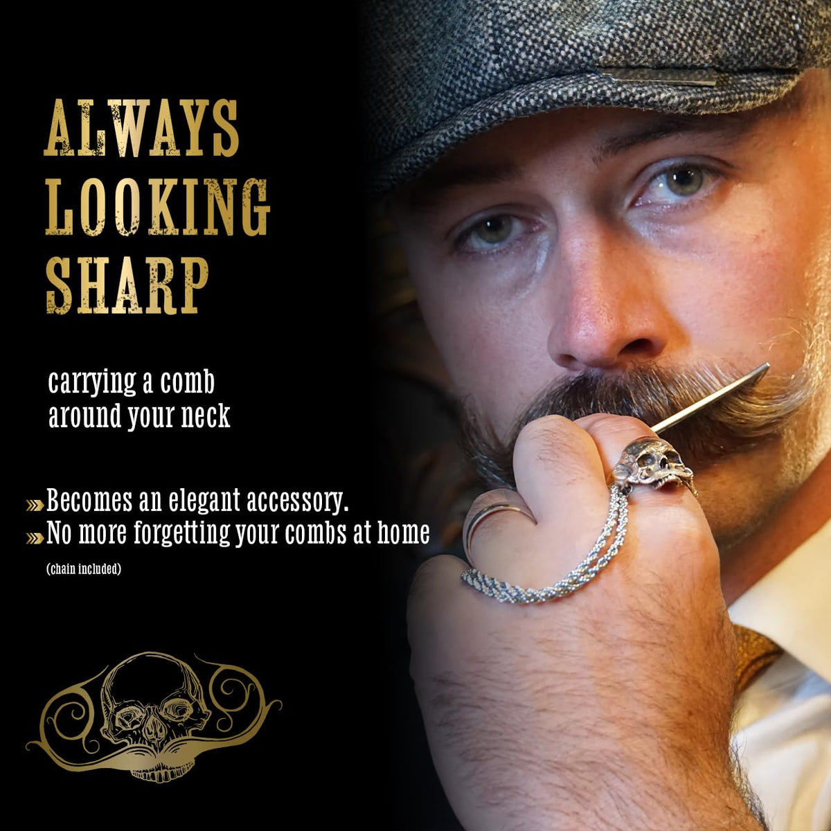 Metal Mustache Comb Necklace – Dual-Sided Comb for Men, Fine & Wide Teeth for Precise Styling – Durable, Compact, Travel-Friendly Grooming Tool for Facial Hair Care