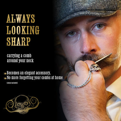 Metal Mustache Comb Necklace – Dual-Sided Comb for Men, Fine & Wide Teeth for Precise Styling – Durable, Compact, Travel-Friendly Grooming Tool for Facial Hair Care
